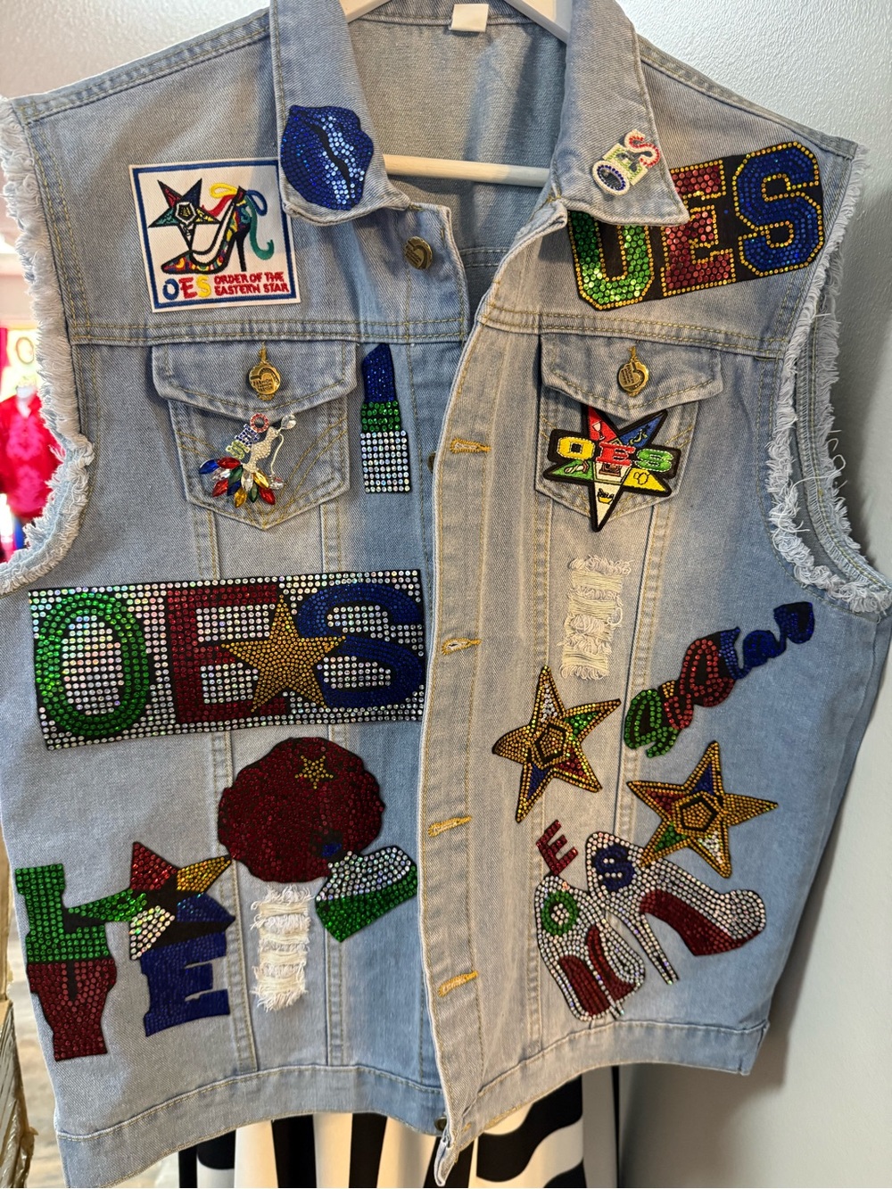 New Women’s Light Blue Embellished Denim Vest - OES Inspired